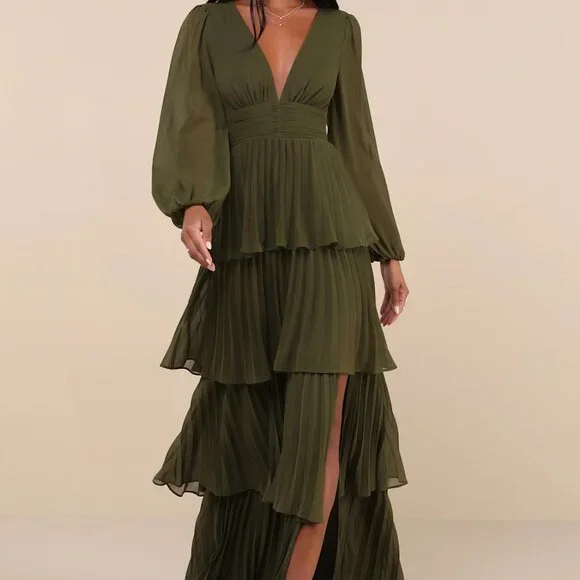 Lulus | Dresses | Nwot Graceful Finesse Olive Green Pleated Long Sleeve  Maxi Dress | Poshmark